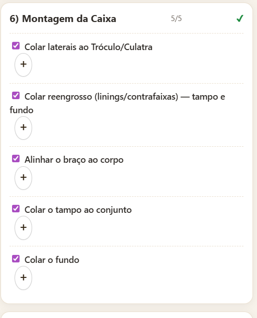 imagem de uma tela do checklist do Método Baratieri - que mostra o checklist da construção de instrumentos de cordas