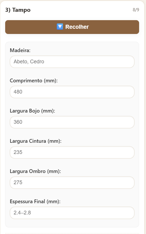 imagem de uma tela do App Método Baratieri - que mostra as medidas da construção de instrumentos de cordas