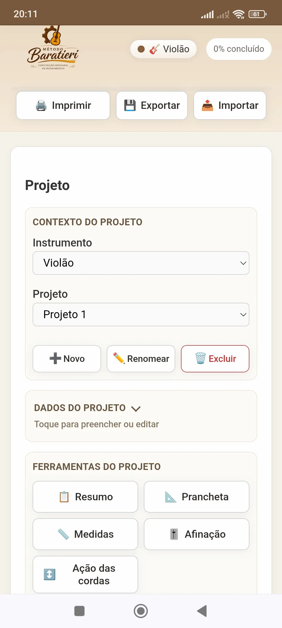 App Método Baratieri — tela inicial do guia de luthieria para construção de violão