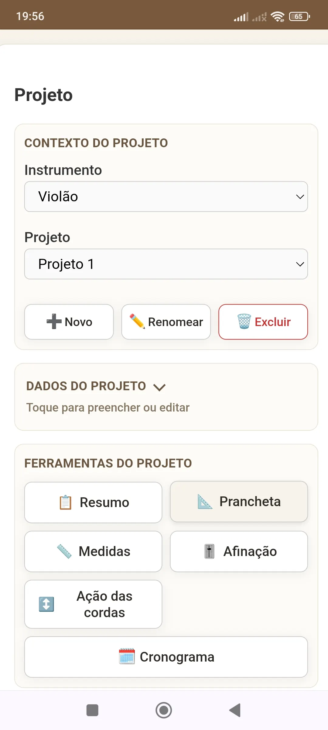 Guia passo a passo luthieria — lista de etapas da construção no app Método Baratieri