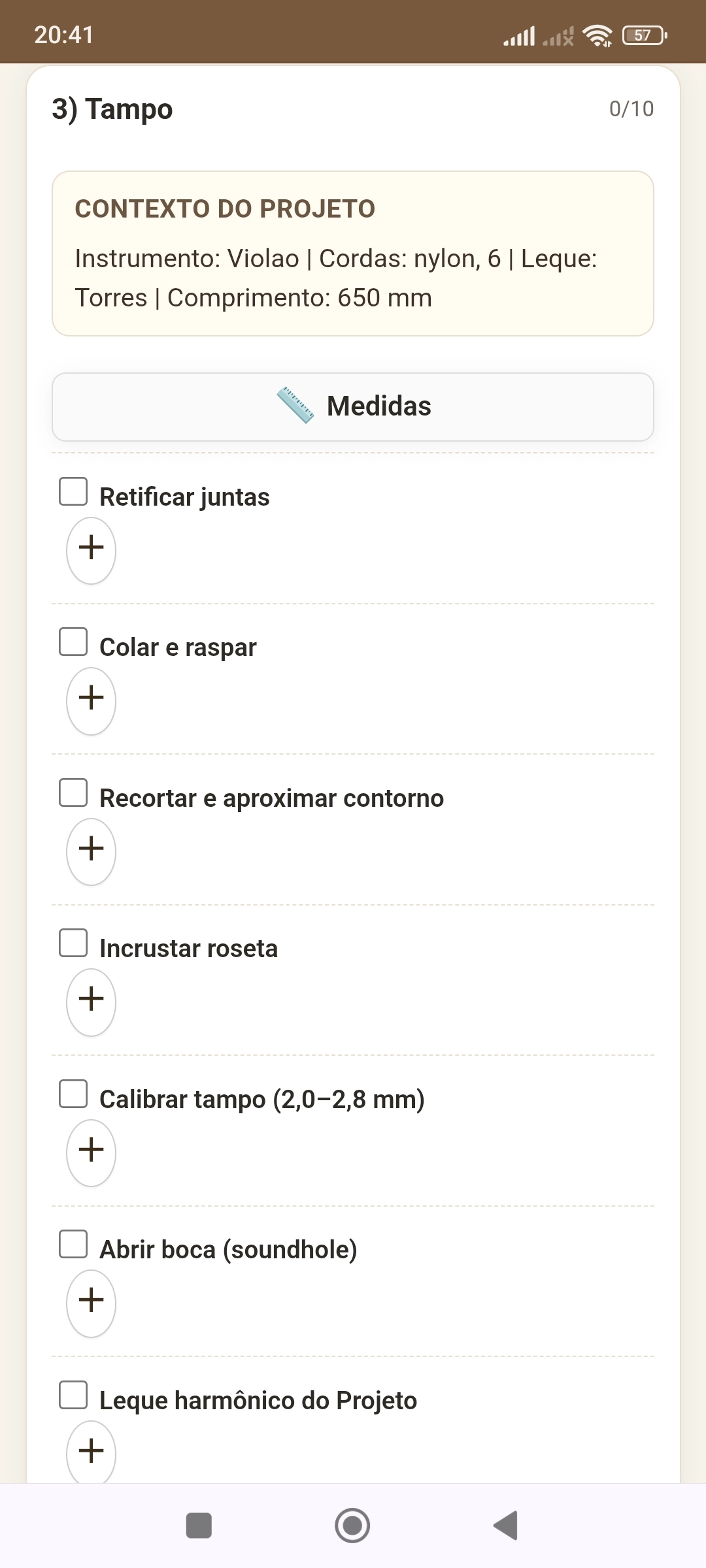 Medidas de luthieria na construção de violão — tela do Método Baratieri