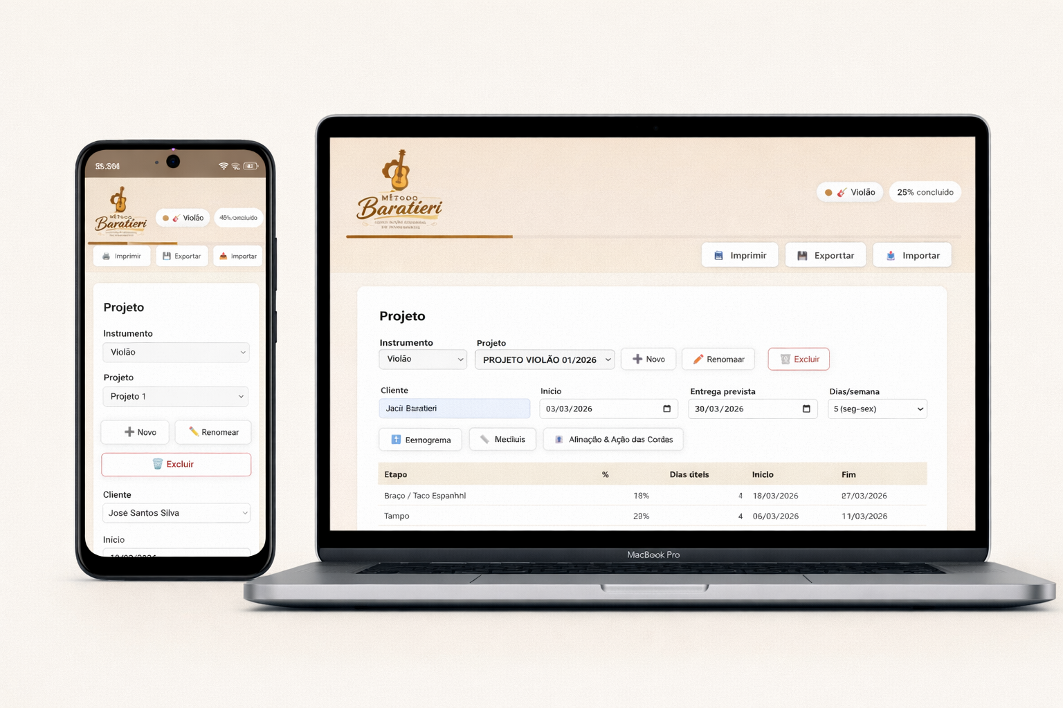 App de luthieria Método Baratieri para construção de violão e instrumentos de cordas