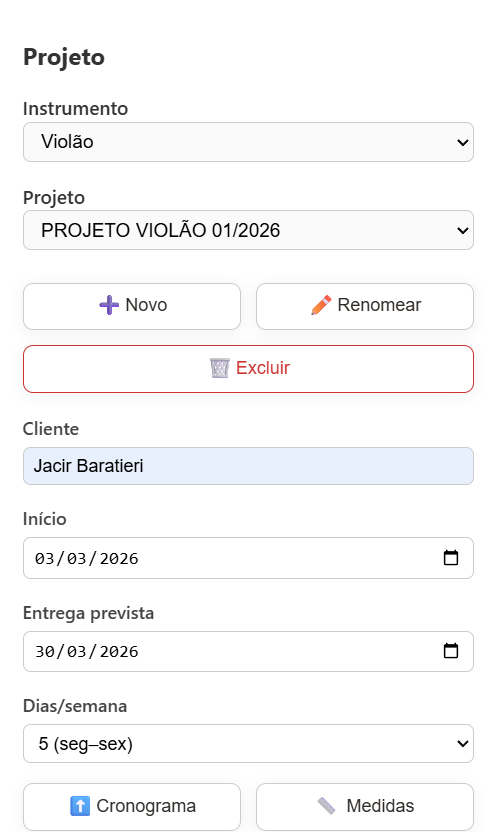 imagem de uma tela do App Método Baratieri - que organiza, guia e acompanha a construção de instrumentos de cordas do início ao fim